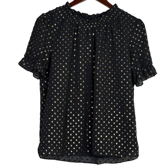 J. Crew Metallic Polka Dot Flowy Short Sleeve Baby Doll Blouse XS Black Gold - Picture 10 of 16
